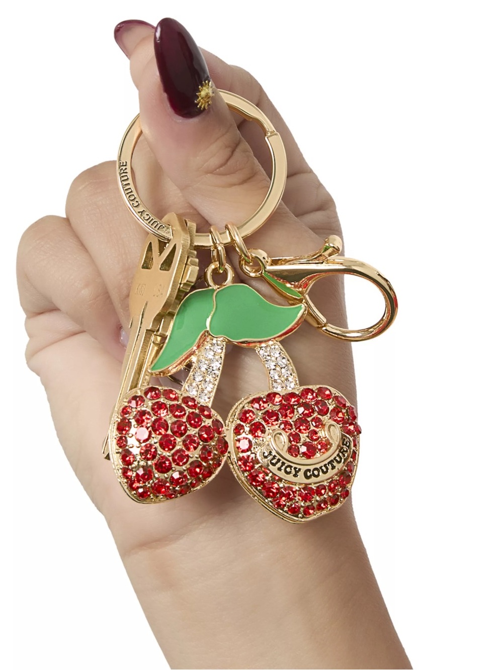 Juicy Couture Red Crystal Cherry Keychain with Green Leaf and Gold Hardware